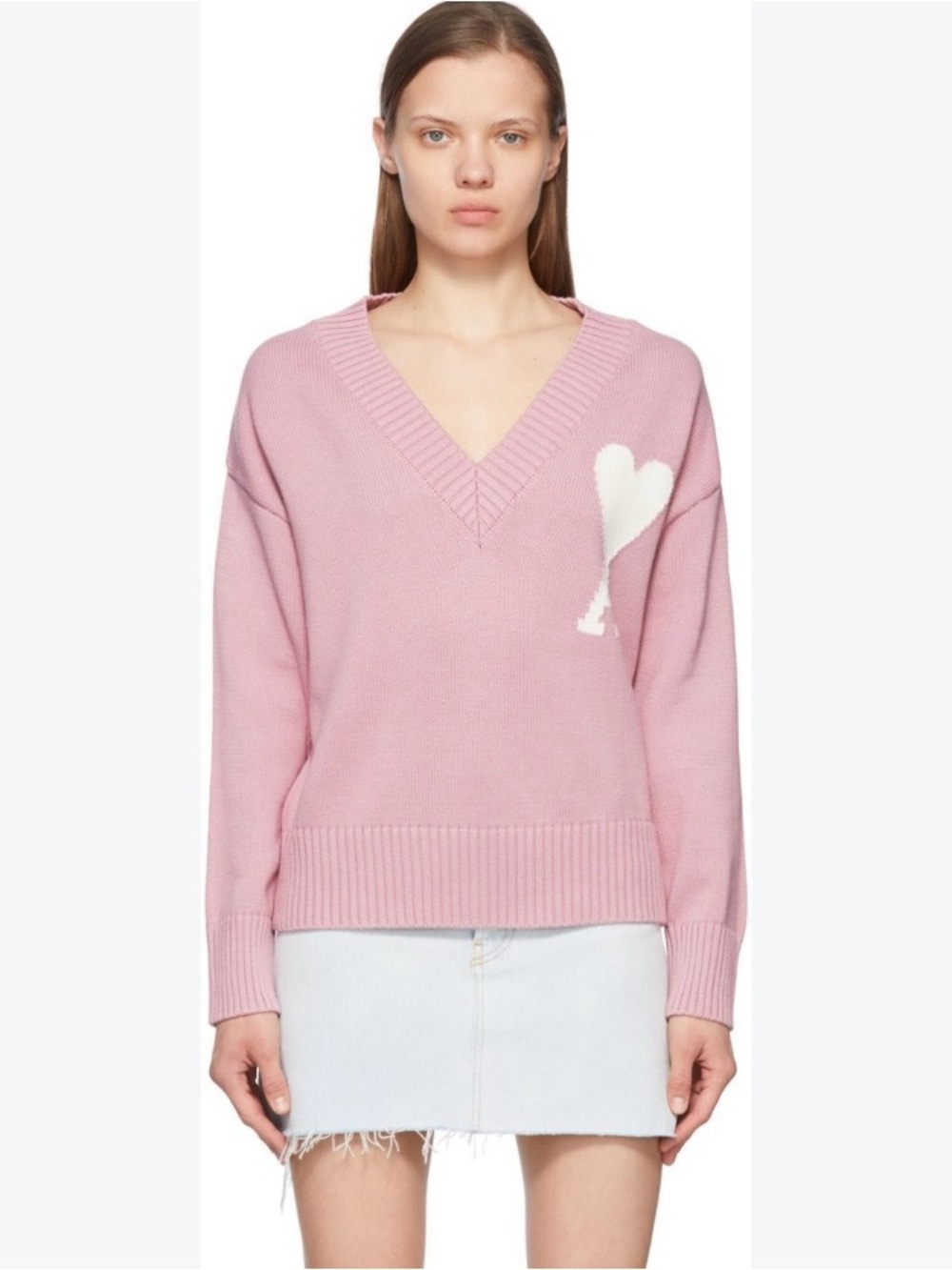AMI Paris Ami de Coeur Pink V-Neck Oversized Unisex Sweater XL